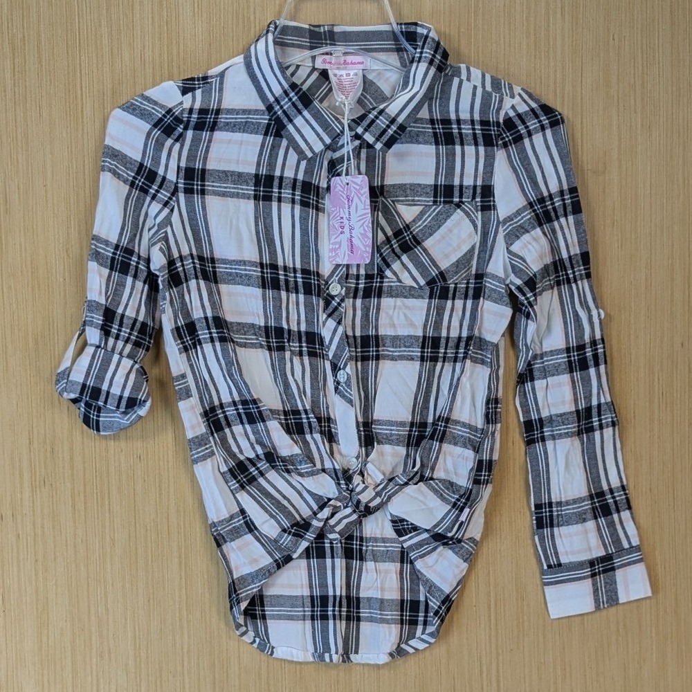 Tommy Bahama Kids Plaid Tie Front Button Down Shirt Size 10 Black White NWT